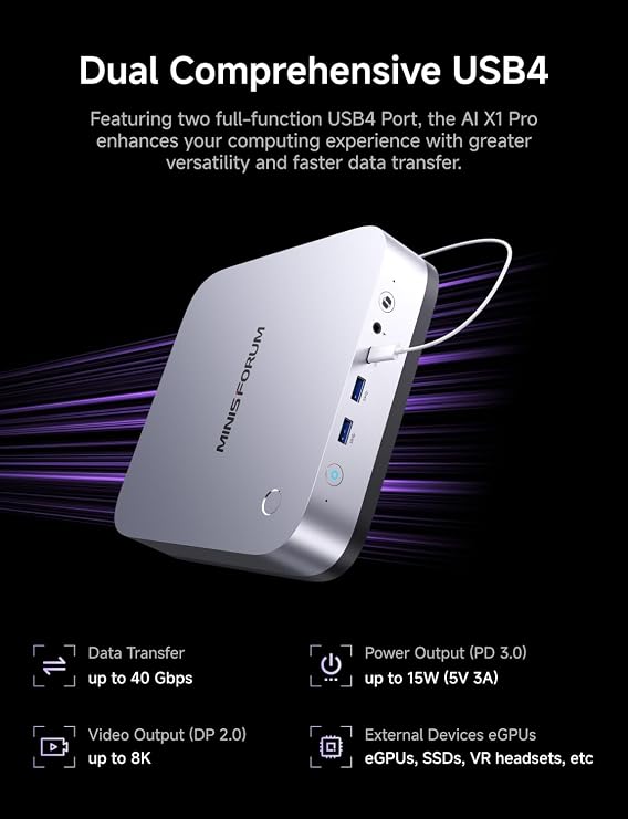 MINISFORUM AI X1 Pro-370 Mini PC AMD Ryzen AI 9 HX 370 Barebone Without RAM/SSD/OS Desktop Computer, HDMI|DP|2xUSB4 Output, 2xRJ45 Port, WiFi7, BT5.4, AMD Radeon 890M Graphics, Copilot Support AI PC