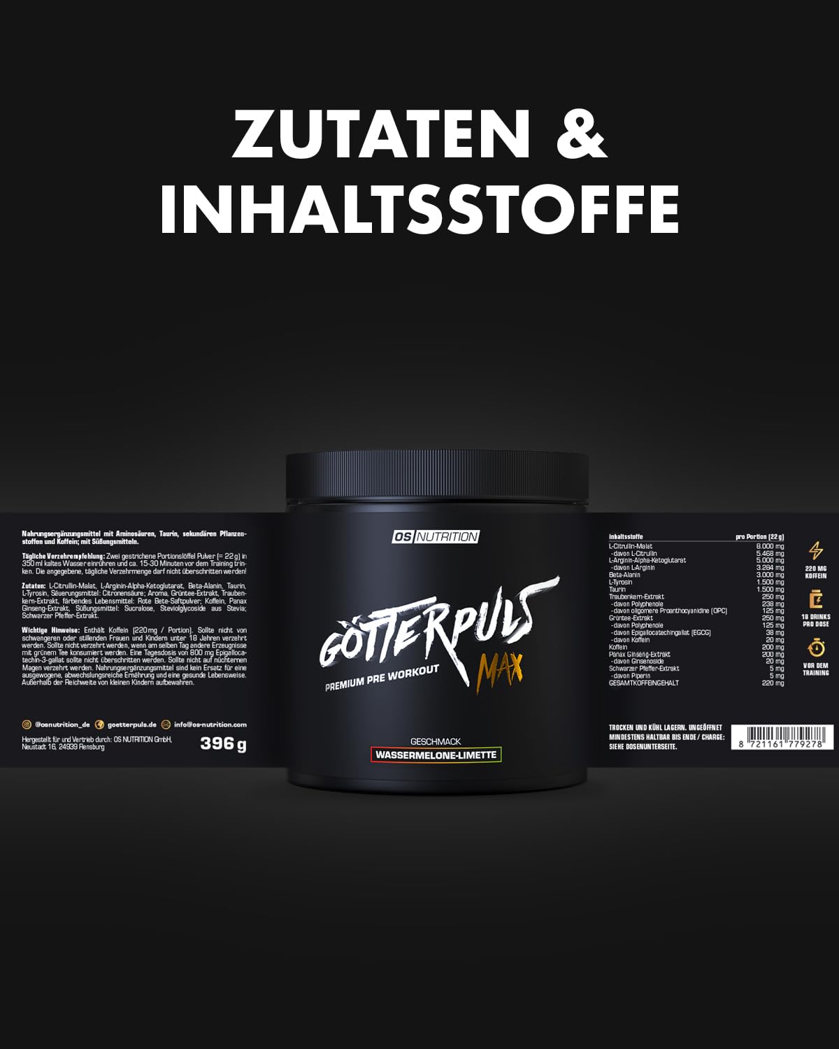 Götterpuls MAX Pre Workout 396g Pulver Wassermelone-Limette | Mit 8.000mg L-Citrullin-Malat & 5.000mg AAKG – 220mg Koffein pro Portion – Für Kraftsport – Vegan – 18 Portionen