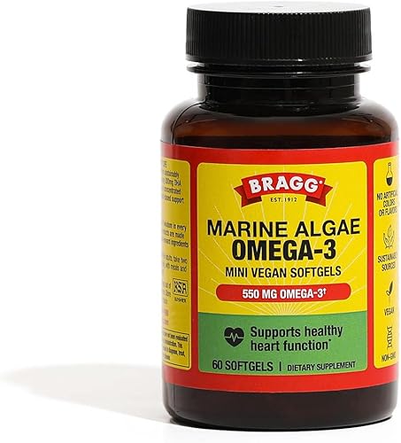 Bragg Suplemento vegano Omega 3 Algas marinas de origen sostenible Ayuda a apoyar la salud cerebral ocular y cardíaca Incluye ácidos grasos EPA y