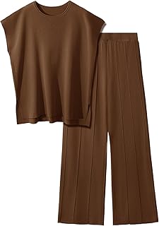 Conjuntos Punto Mujer Verano 2 Piezas Casual Chandal Manga Corta Camiseta de Manga Corta Y Pantalones con Bolsillos Cómodo Pijama Moda Chándal Color Sólido Primavera