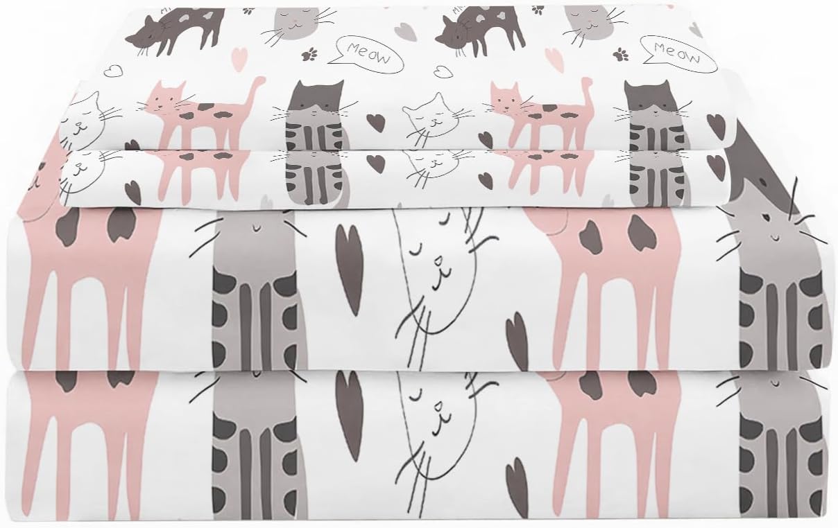 Kids Bedding Cartoon Cat Twin Sheet Sets, Soft and Breathable Microfiber Cat Animal,1 Fitted Sheet 1 Flat Sheet and 2 Pillowcases