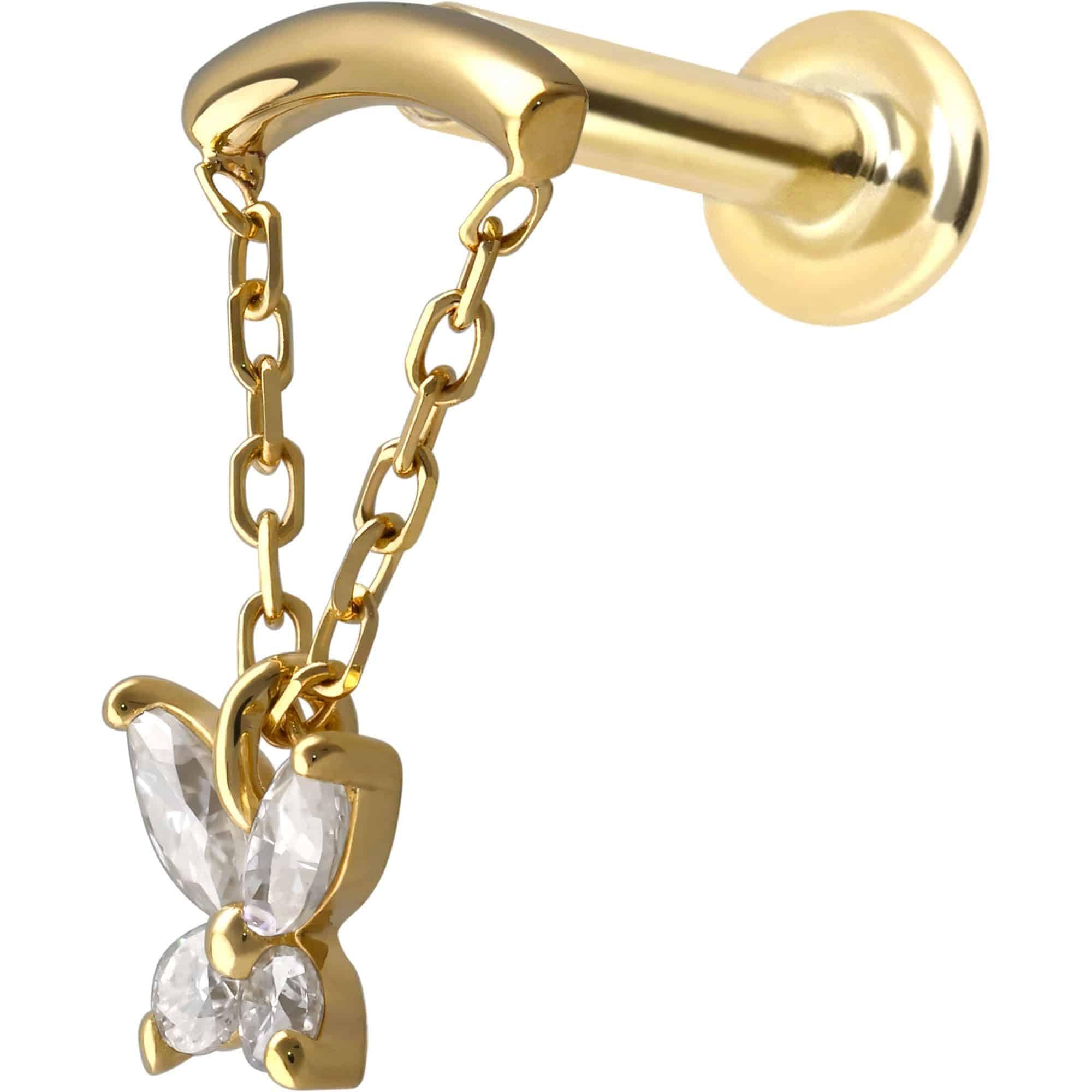 PIERCINGLINE Piercing Stecker 14 Gold Labret mit Push Fit MOISSANIT-SCHMETTERLING + BOGEN + KETTE 585er Gold - Roségoldfarben, Goldfarben, Silberfarben