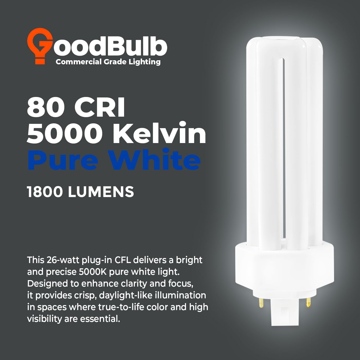 GoodBulb 26 Watt CFL Light Bulbs 4 Pin GX24Q-3 Base 5000K Daylight 26W High Output 1800 Lumens Triple Tube Compact Fluorescent Light Bulbs Plug-in 10 Pack