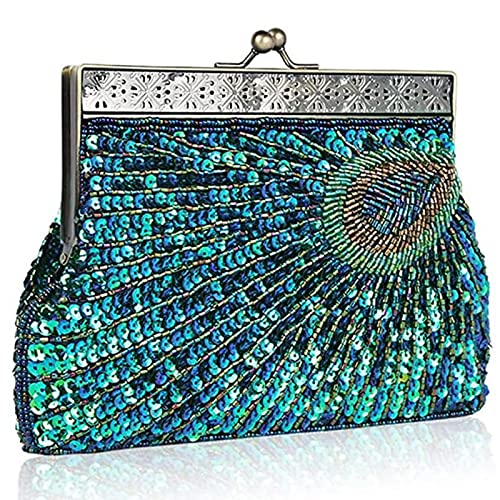 Womens Evening Designer Handbag Vintage Clutch Sequin Peacock Antique Beaded