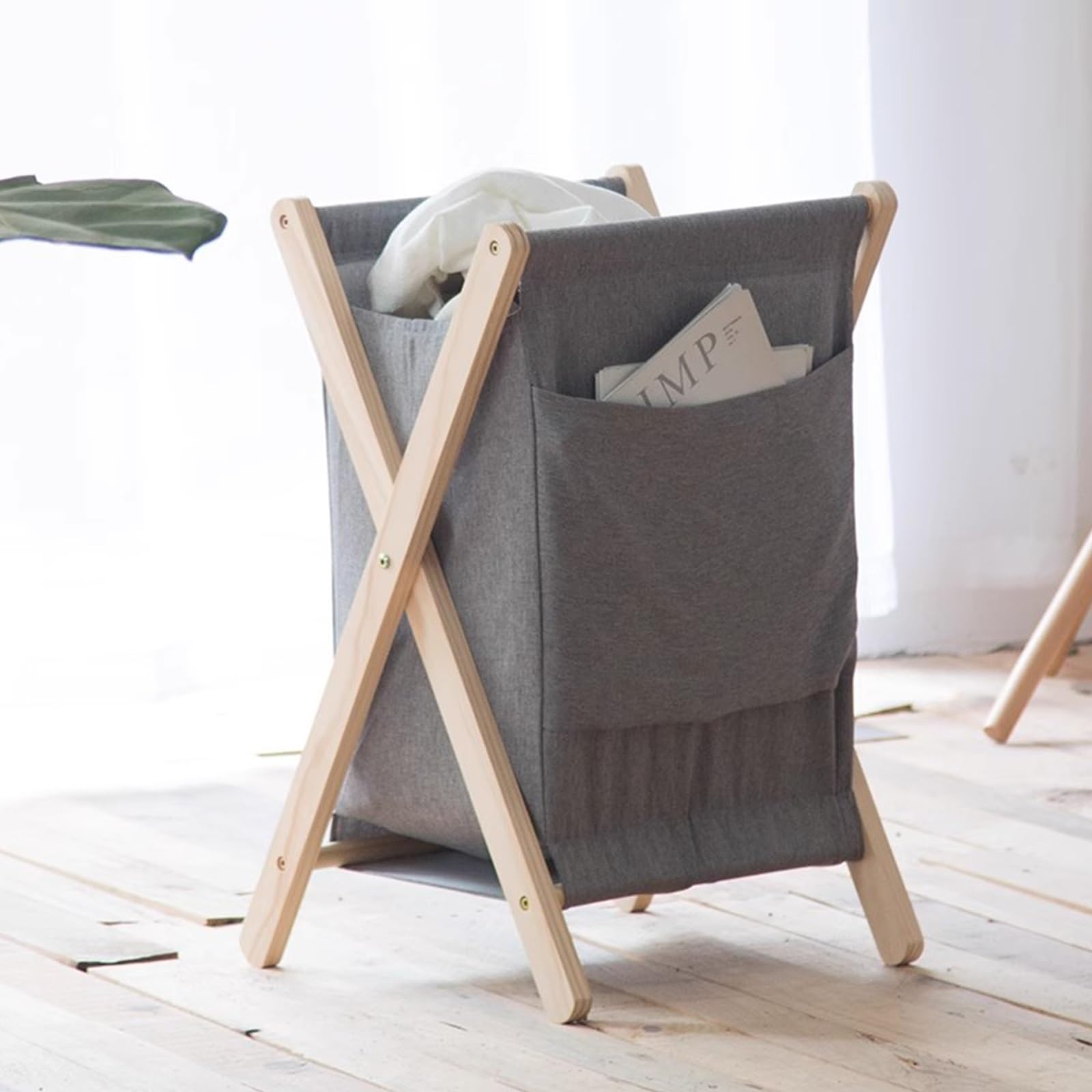 Laundry Basket Plegable Hecha de Madera Maciza, Cesta Ropa Sucia con Bolsa de Almacenamiento en el Lateral, Cestas for la Colada Plegables EE Lino, Resistente y Duradera(Gray)