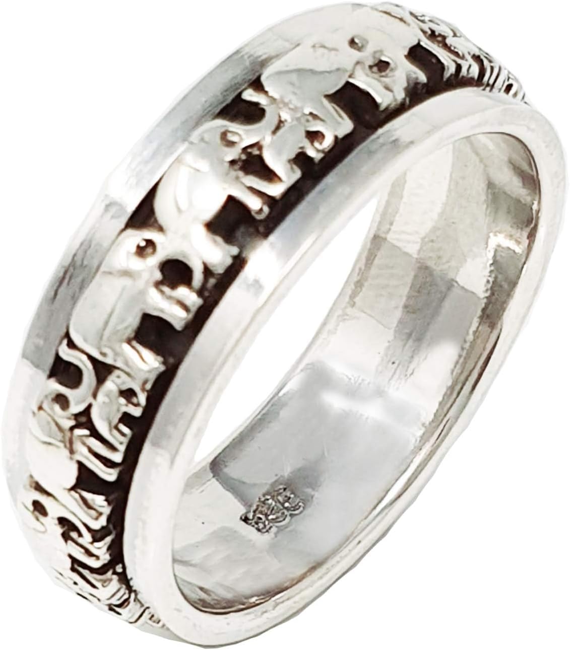Women's Men's Silver Ring 7mm Solid 925 Sterling Silver Ring, Finger Ring, Elephant Design Spinning Stress Relief Ring