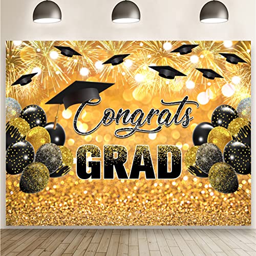 Congrats Grad Graduation Backdrop 2023 Prom Backdrop Class of 2023 Congratulations Graduation Backdrop Black Gold Glitter Balloon Background Graduate Party Ceremony Portrait Photography Vinyl 10x8ft - Thumbnail 2