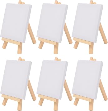 6Pcs Mini Canvas Easel Set, Wooden Mini Easel, Canvas Art Boards Pre-Stretched and Primed Blank Canvas, for Drawing, Table Top Arts and Crafts Canvas 10 x 10 cm | Easel 8 x 15 cm