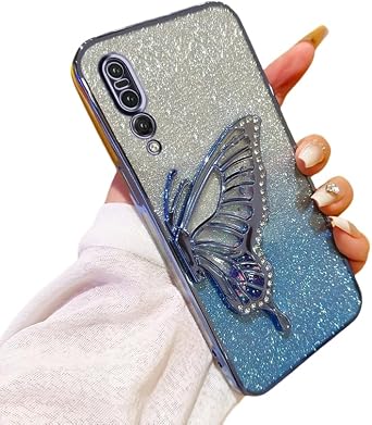 Compatible for Huawei P20 Pro Case with Butterfly Stand, Clear Glitter Quicksand 3D Butterfly Bling, Soft Protective Cover Women Girls Case for Huawei P20 Pro (E)