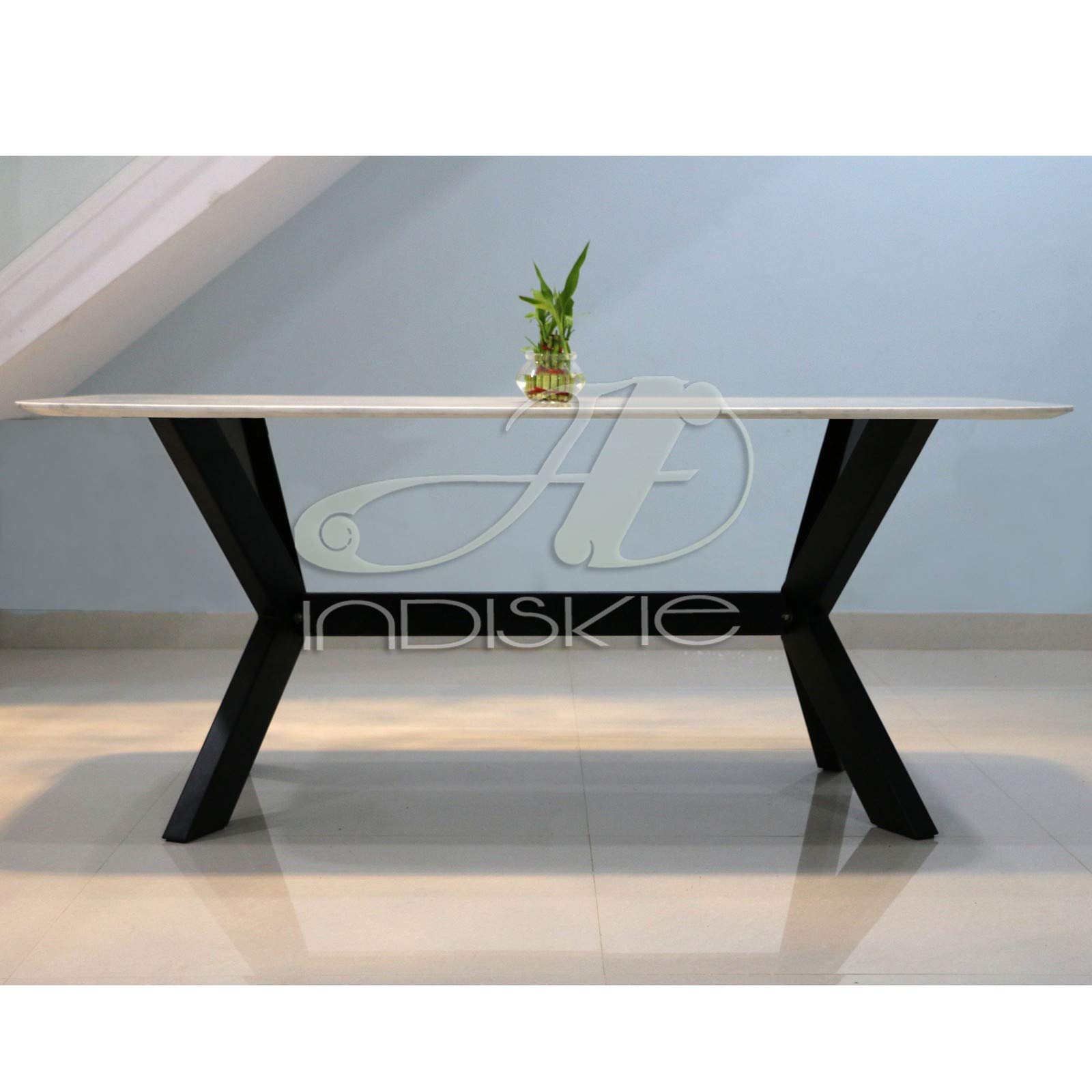 INDISKIE Six Seater White Natural Marble Top Dining Table with Black