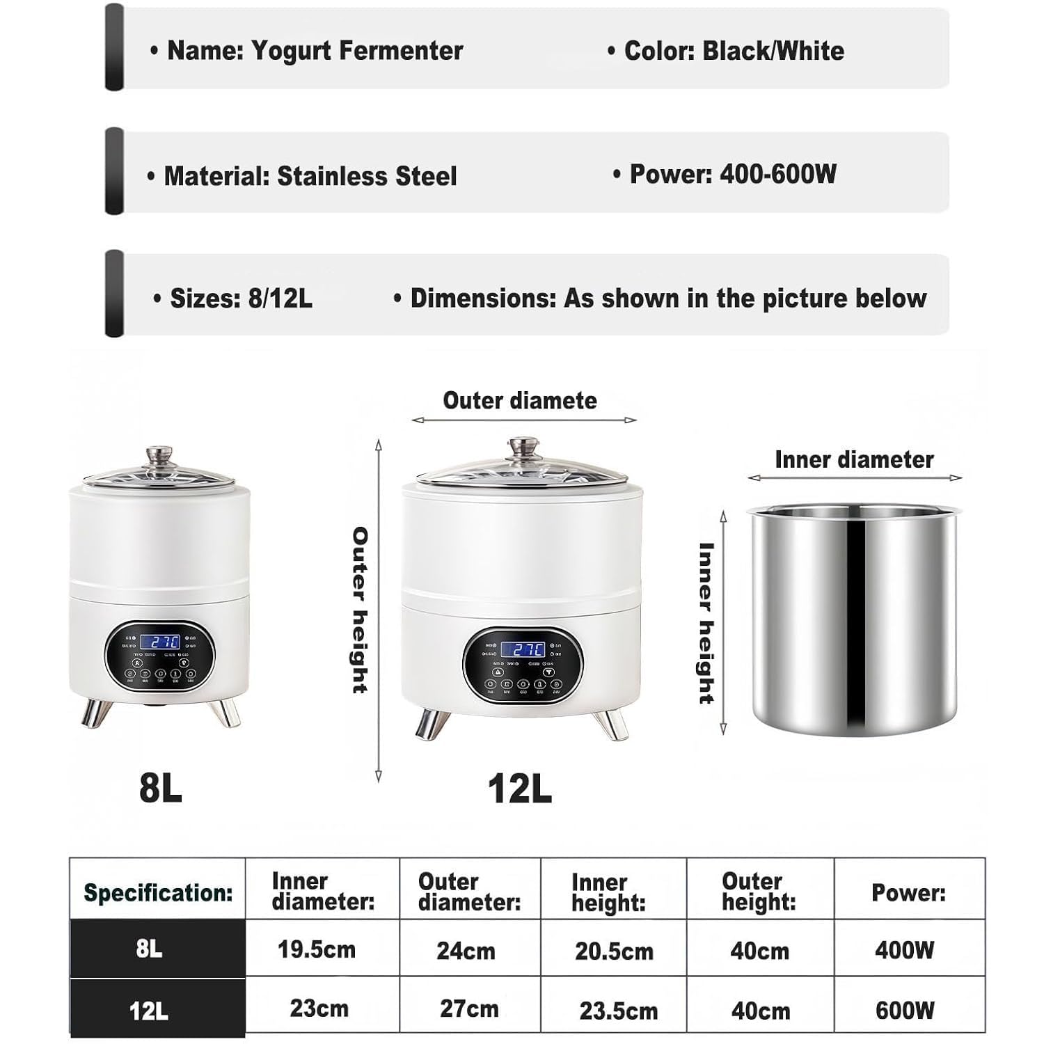Inteligentna maszyna do produkcji jogurtu o stałej temperaturze, 8 l/12 l, z kontrolą czasu i temperatury, fermentacja w stałej temperaturze 360°, komercyjna maszyna do produkcji jogurtu Black-8L