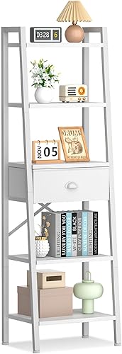 Furologee Estantería de 5 niveles, estante de escalera con cajón, estantería alta y estrecha, organizador de estantes de almacenamiento, unidades de