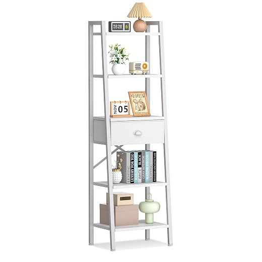 Furologee 5 Tier Bookshelf, Ladder Shelf with Drawer, Tall Bookcase Corner Shelf, Narrow Shelf Industrial Display Standing Units for Home Office, Living Room, Bedroom, Kitchen, White