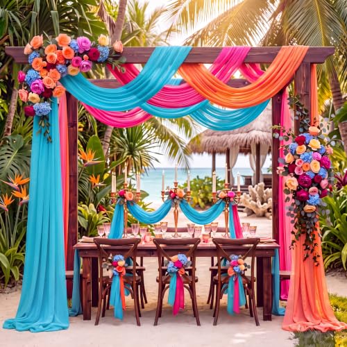 Image of Summer Wedding Arch Draping Fabric 3 Panels, Hot Pink Orange Blue | 2.46 x 20ft, Pink and Orange Sheer Chiffon Fabric Backdrop, for Tropical Colorful Sunset Party Bridal Shower Decoration
