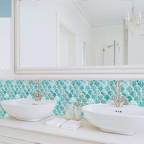 Miniatura 3 de Lukery 25 hojas de azulejos de despegar y pegar, impermeables, contra salpicaduras para cocina, escamas de peces 3D, azulejos autoadhesivos,