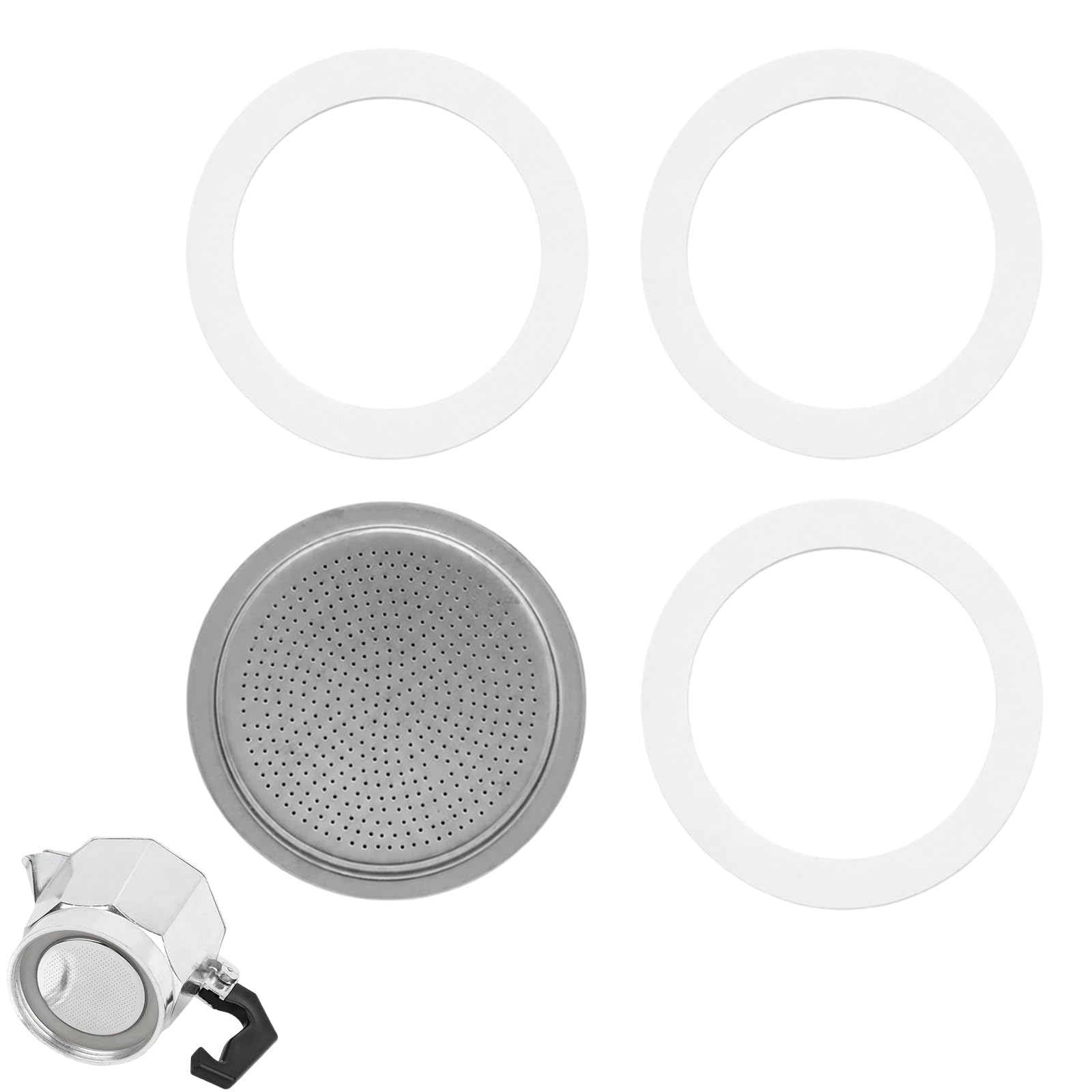 EUQWOSDD 4-Pack Replacement Accessories for 2 Cup Moka Pot Stovetop Espresso Maker, 3 Silicone Gasket Seal Rings + 1 Aluminium Filter Plate Coffee Spare Parts
