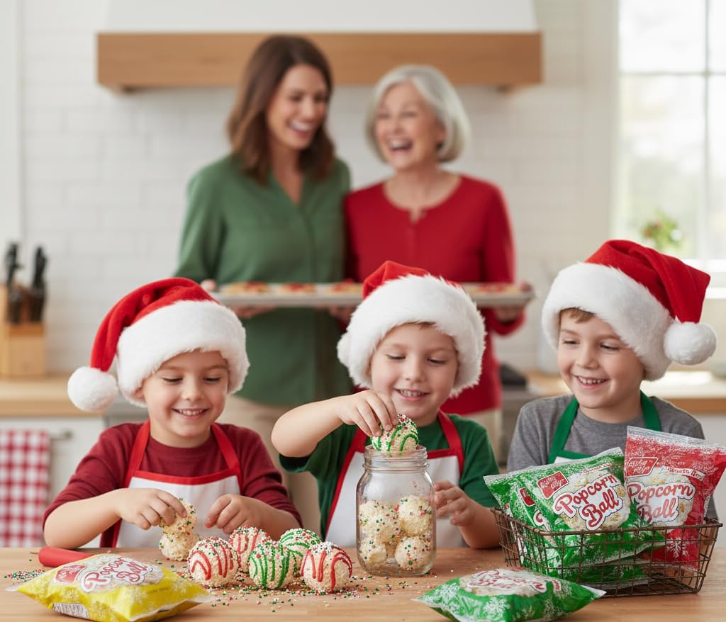 Fun Express Christmas Popcorn Ball Snack Packs - 18 Individual Bags of Sweet Holiday Treats | Perfect Stocking Stuffers, Party Favors & Goodie Bag Fillers for Kids & Adults | Festive Red & Green