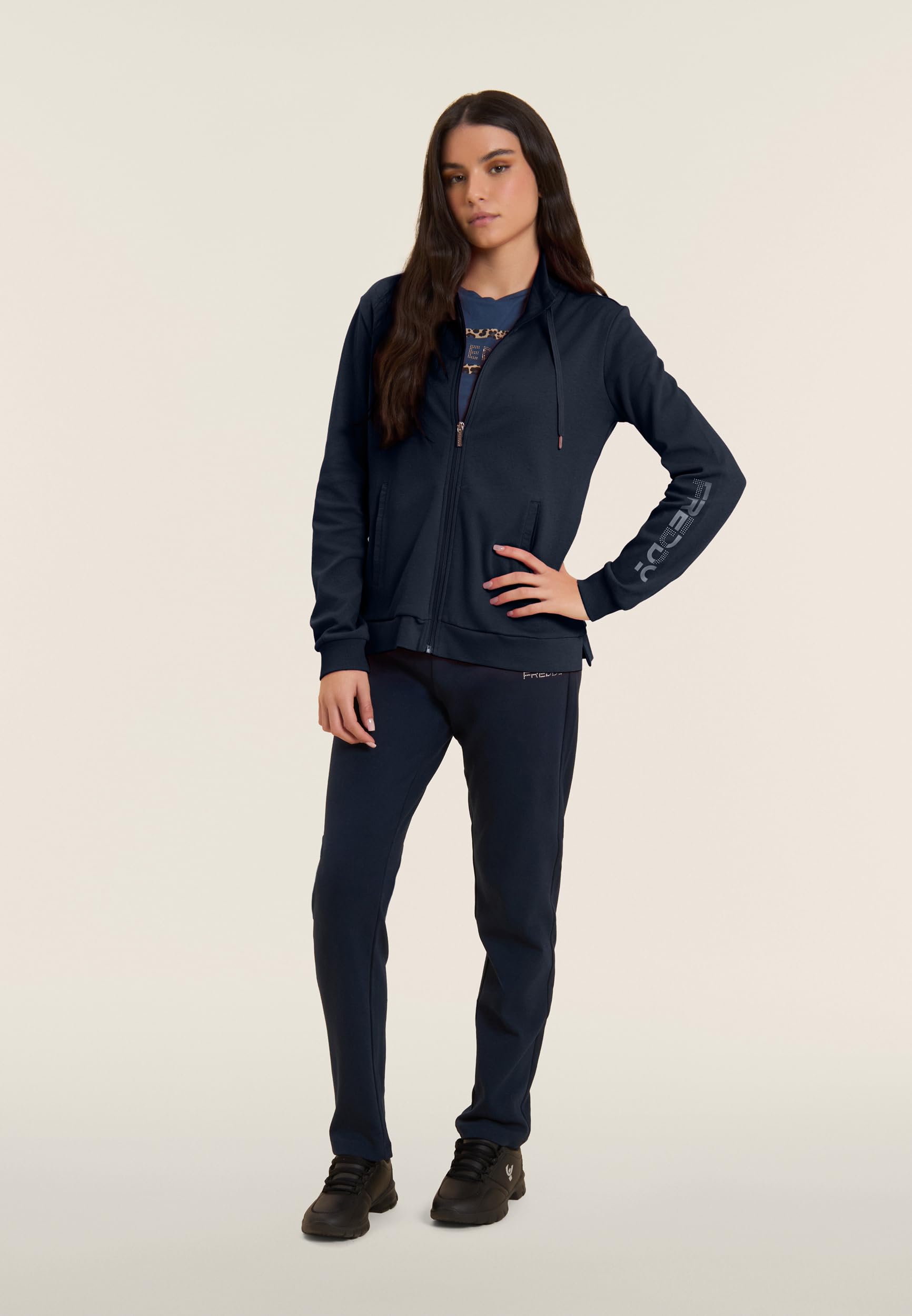 FREDDY - Tuta Donna in Cotone Interlock con Felpa Full Zip e Collo Alto - Logo Glitter Olografico e Perline Rosa - Tute Sportive