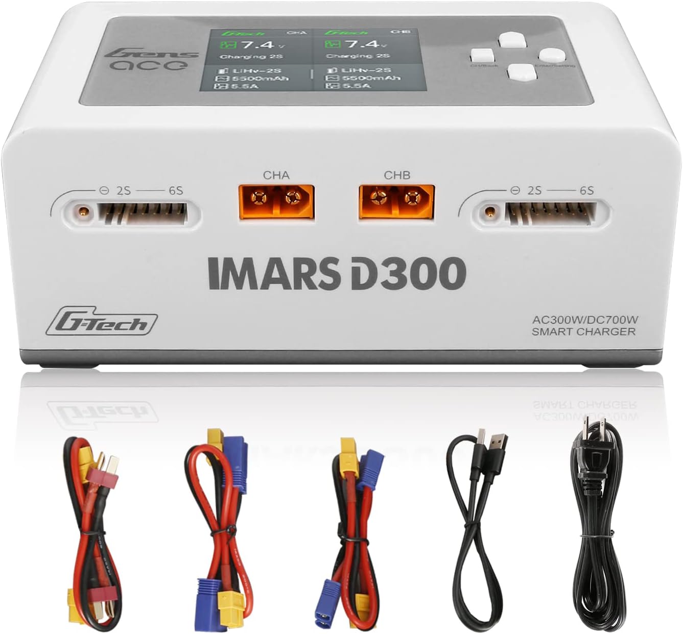 Gens Ace IMARS D300 G-Tech Series Smart Dual Lipo Charger, 16A AC 300W DC 350W