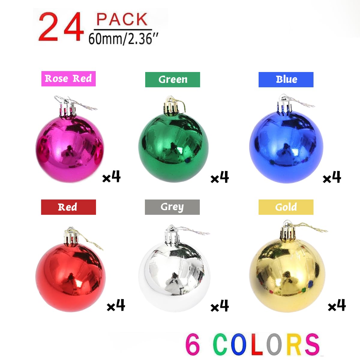 24 esferas de Navidad de 60 mm, adornos esenciales para árbol de Navidad, decoraciones de Navidad inastillables, decoraciones de Navidad para interiores para el hogar, vacaciones, decoración