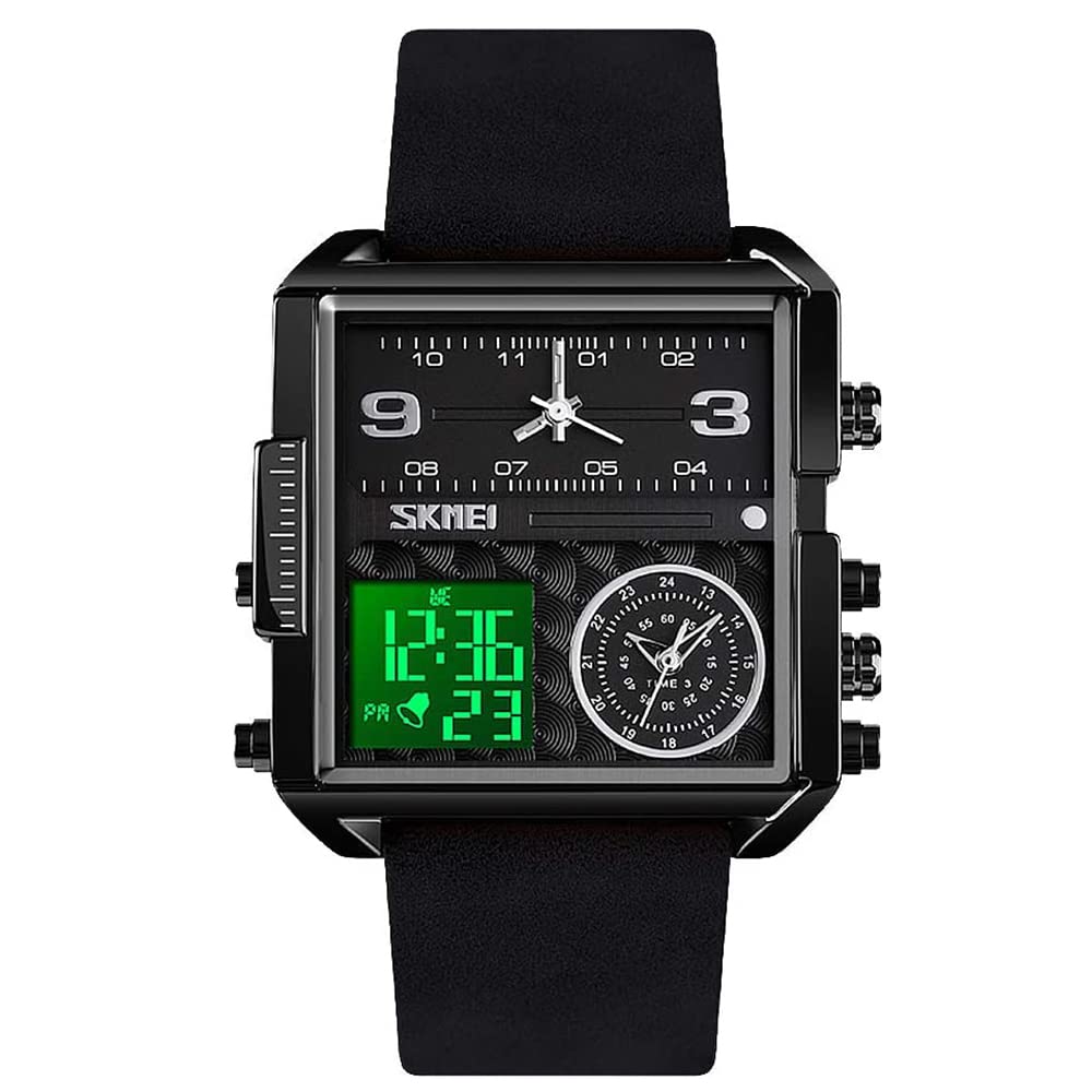 DHNQKJMen's Digital Sports Watch LED Square Large Face Analog Quartz Wrist Watch with Multi-Time Zone Waterproof Stopwatch With Gift box Gift For Men BY DHNQ