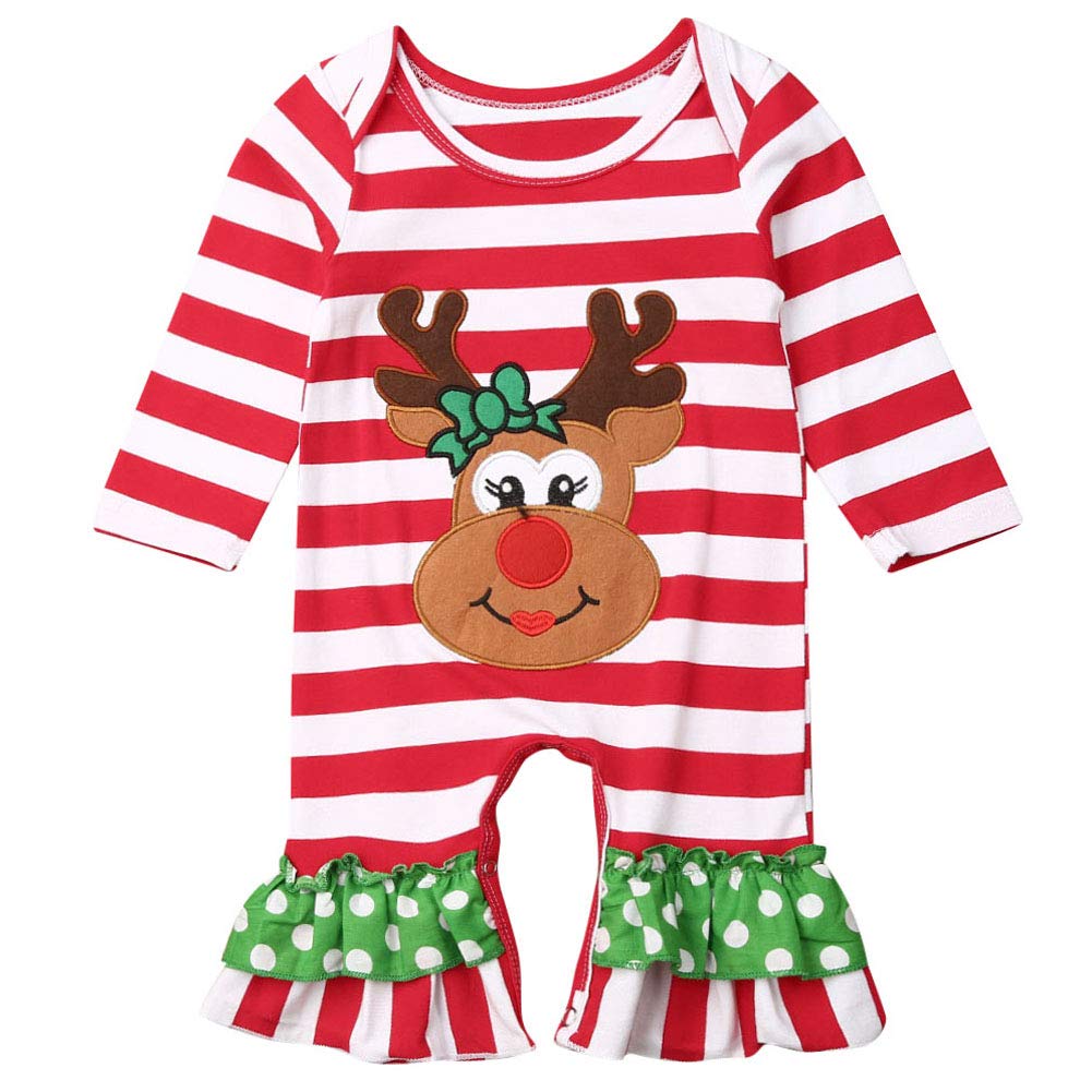 Pudcoco Baby Girls Christmas Ruffle Romper Long Sleeve Striped Reindeer Santa Clause Applique Jumpsuit (Red, 6-12M)