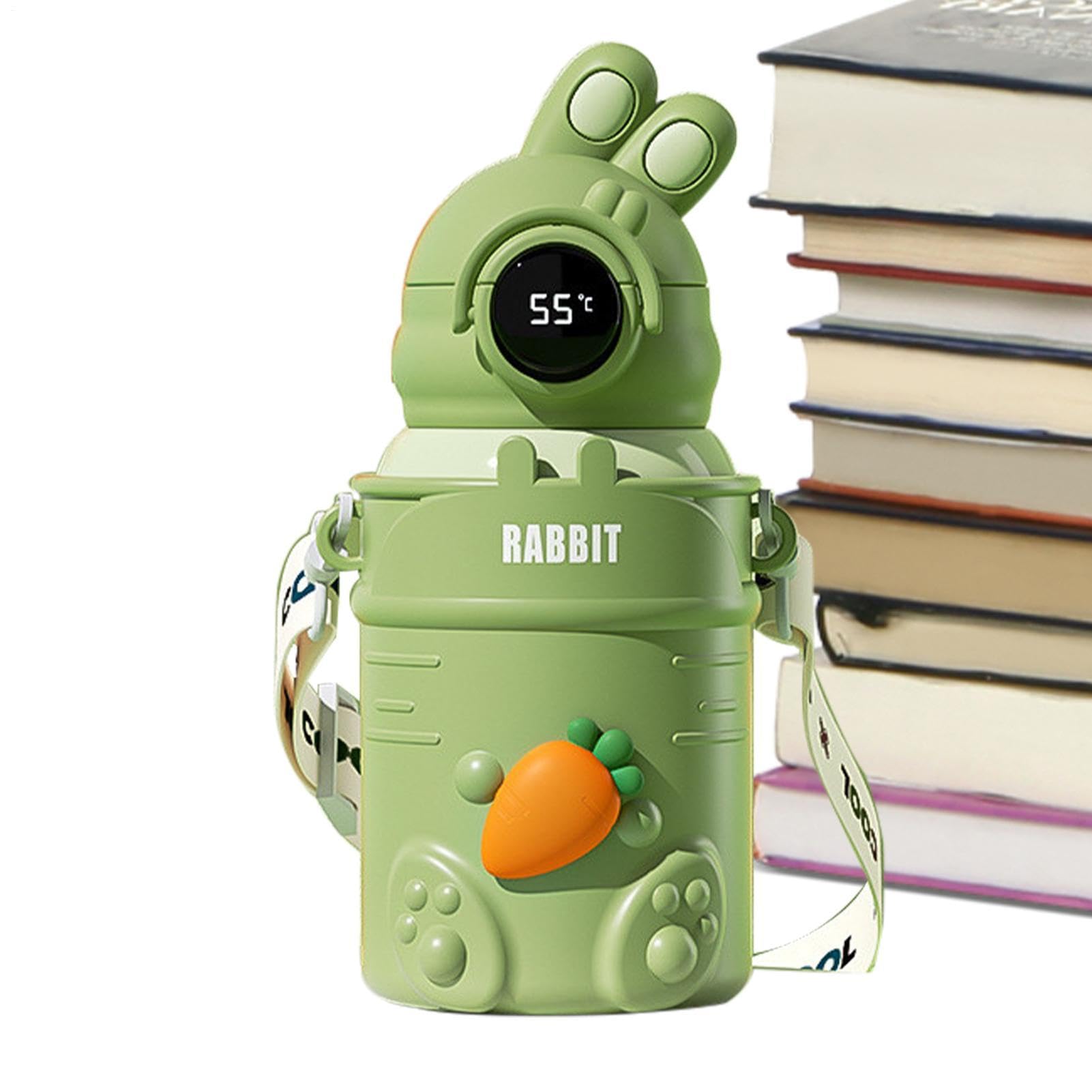 Borraccia con cannuccia, 500 ml, in acciaio , isolata, leggera | con display digitale della temperatura, a prova di perdite, per sport, con cinturino, per viaggi e scuola