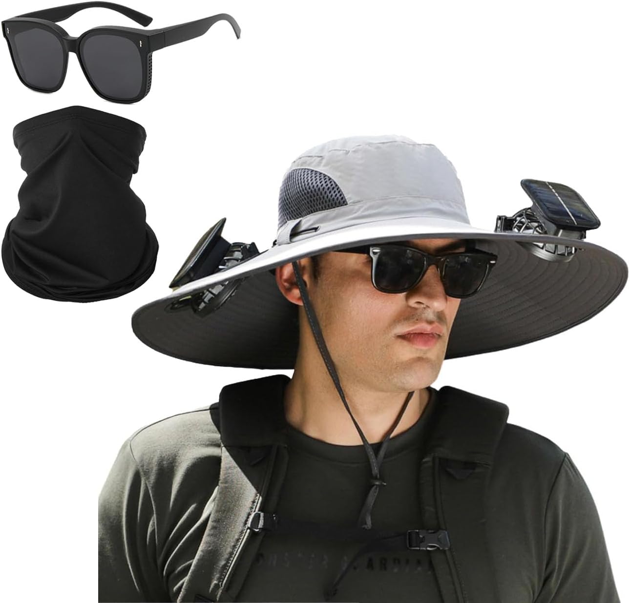 Outdoor Wide Brim Sun Hat with Solar Fan, Wide Brim Solar Fan Outdoor Fishing Hat-Solar & USB Charging for Fishing,Camping