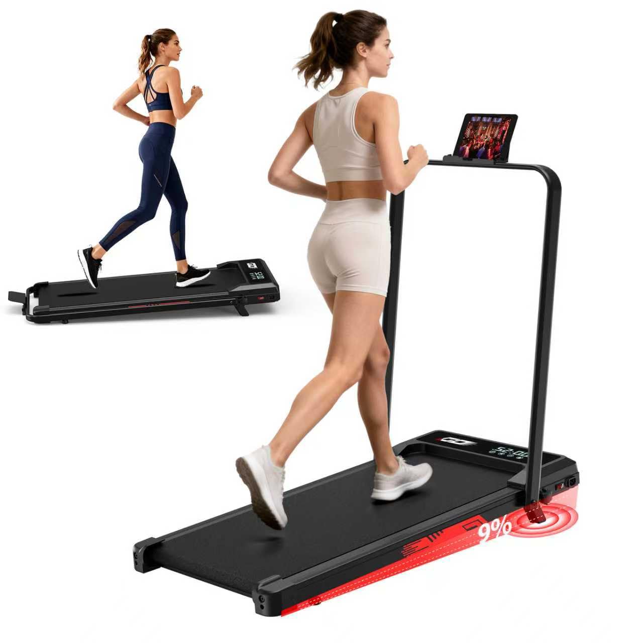 Tapis Roulant Elettrico Pieghevole, 9% Pendenza, 1-10 km/h, 3,0 CV | Casa e ufficio, <35 dB, LED, telecomando, 5 strati antiscivolo, 8 ammortizzatori, 9 cm piegato, ruote trasporto