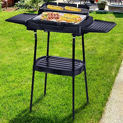 Barbecue Elettrico BBQ con Supporto Gambe Griglia Bistecchiera Elettrica con Ripiani Laterali e Piano D'appoggio Inferiore Potenza...