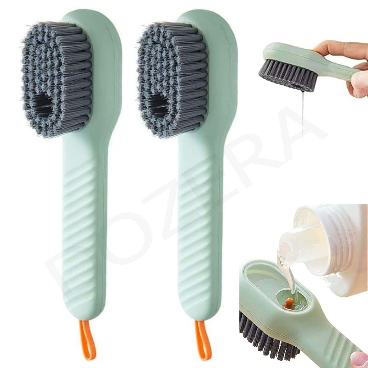 DOZERA Shoe Cleaning Scrub Brush with Soap Dispenser,Multifunctional Cleaning Brush with Liquid Box, Leak Proof Spring Action Outlet for Shoe Washing, Household, Bathroom, Kitchen (Pack of 2)