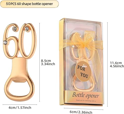 Miniatura 2 de 50 recuerdos dorados de fiesta de cumpleaños 60 con diamantes de imitación, perfectos para invitados, 60 abridores de botellas de cerveza, recuerdos
