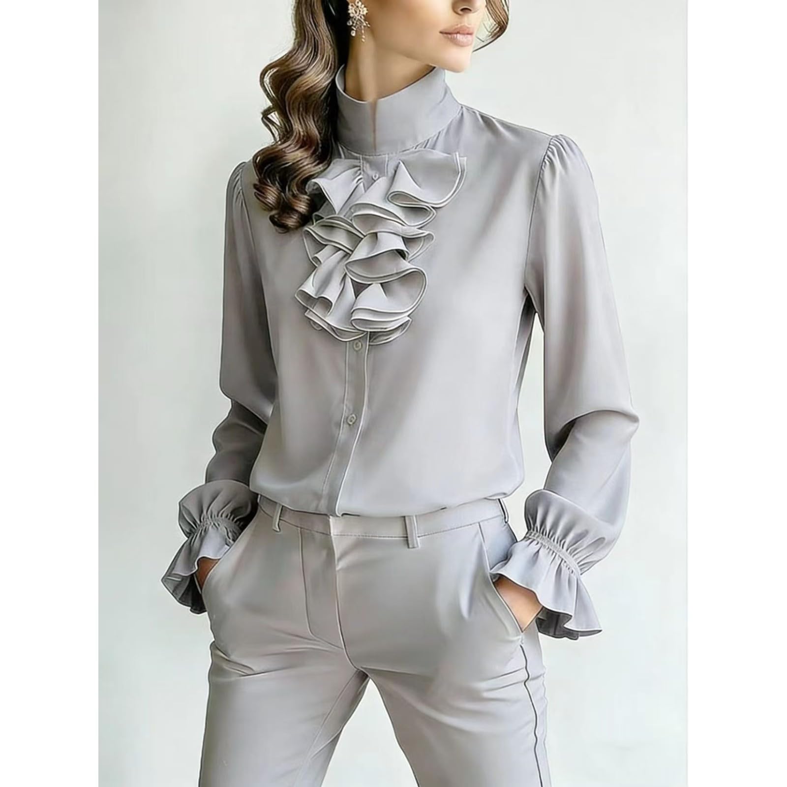 LKSCY Camicia da donna a tinta unita con volant sul davanti: colletto alla coreana con maniche a bolle e bottoni frontali a maniche lunghe da ufficio