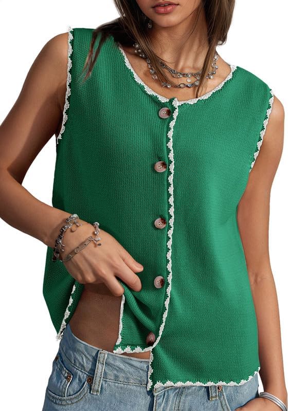 Dokotoo Vest Tops for Women 2026 Button Up Color Block Casual Sweater Vests Trendy Spring Summer Tops