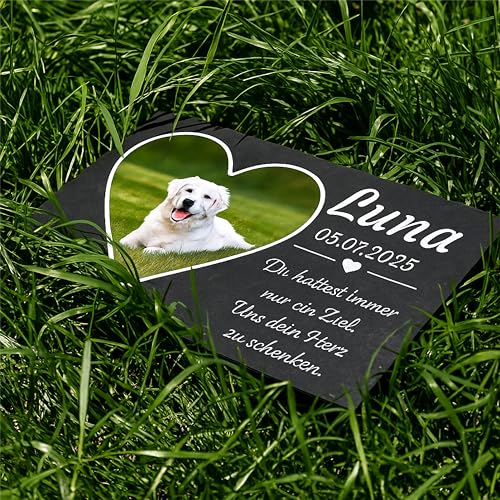 Personalisierte Grabplatte Haustier aus Alu-Verbund – Foto in Herz/Kreis/Rechteck, Name • Datum • Spruch – wetterfest & UV-beständig – Größen DIN A6 bis DIN A2 – Grabschmuck für Hund/Katze
