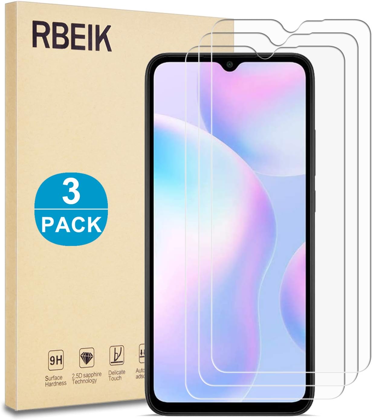 RBEIK Redmi 9A Screen Protector Glass - [3 Pack] Premium 9H Hardness Anti-Scratch Tempered Glass Screen Protector for Xiaomi Redmi 9/9A/9C/9 Prime