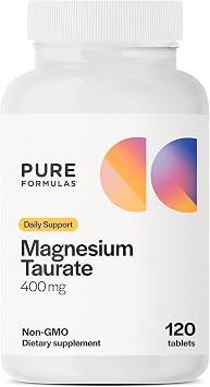 Pure Formulas Magnesium Taurate 400mg - 120 Tablets - Non-GMO Magnesium Supplement for Cardiovascular Health, Muscle Function, and Relaxation - Essential Mineral with Calming Taurine - 1-Month Supply