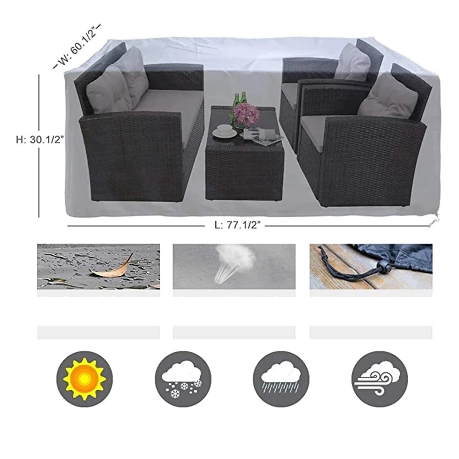 Copertura Impermeabile Per Divano Modulare E Tavolo Da Giardino | Fodera Oxford Con Corde E Fibbie, 228x157x71 Cm, Grigio/Nero