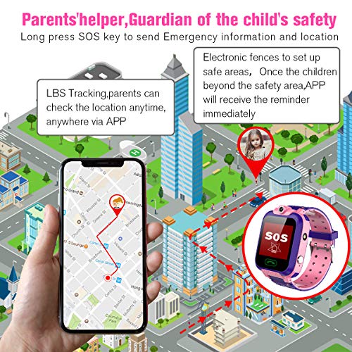 KToyoung Kids Smart Watch,Childrens Smartwatch for Kids Girls,Waterproof LBS Tracker Watch HD Touch Screen Sport Smartwatch Phone Watch with SOS Call Camera Game Alarm for Children Teen Students,Pink - Thumbnail 4