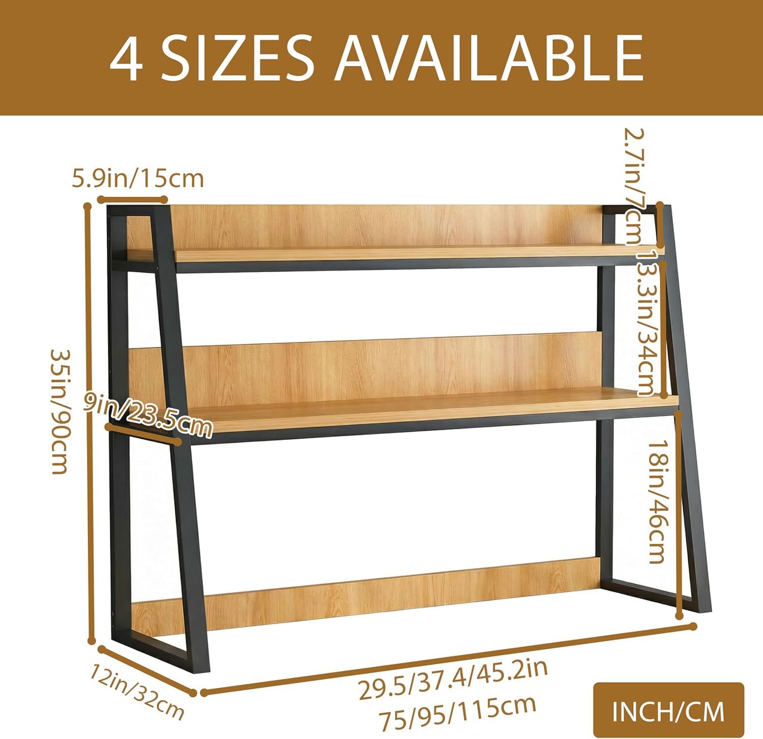 Scaffale organizer da scrivania, libreria trapezoidale a 3 livelli con struttura in metallo e ripiano in legno, scaffale salvaspazio per ufficio, dormitorio, studio, nero (75CM)