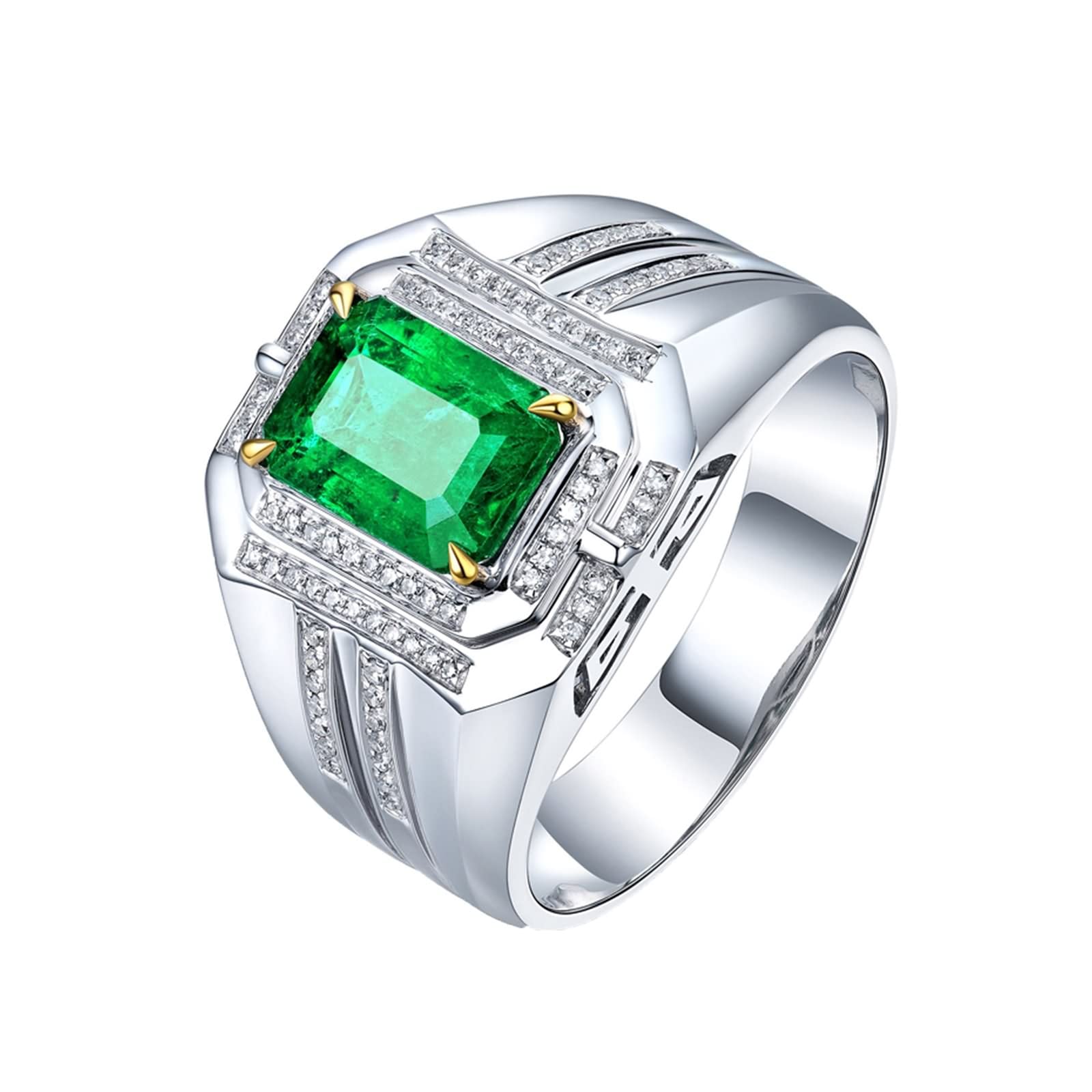 AMDXD Anillo para hombre de oro 750 plata de ley 925, laboratorio rectangular, esmeralda de 1,5 quilates con moissanite de 0,22 quilates, anillo solitario, anillo de compromiso, joya auténtica,