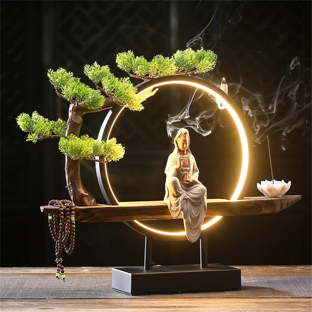 Buddha-Statue mit dekorativem Bonsai-Baum und LED-Kreislampe, Keramikfigur für Innenbereich, Heimbüro, spirituelles Kunststück für Meditation und Entspannung