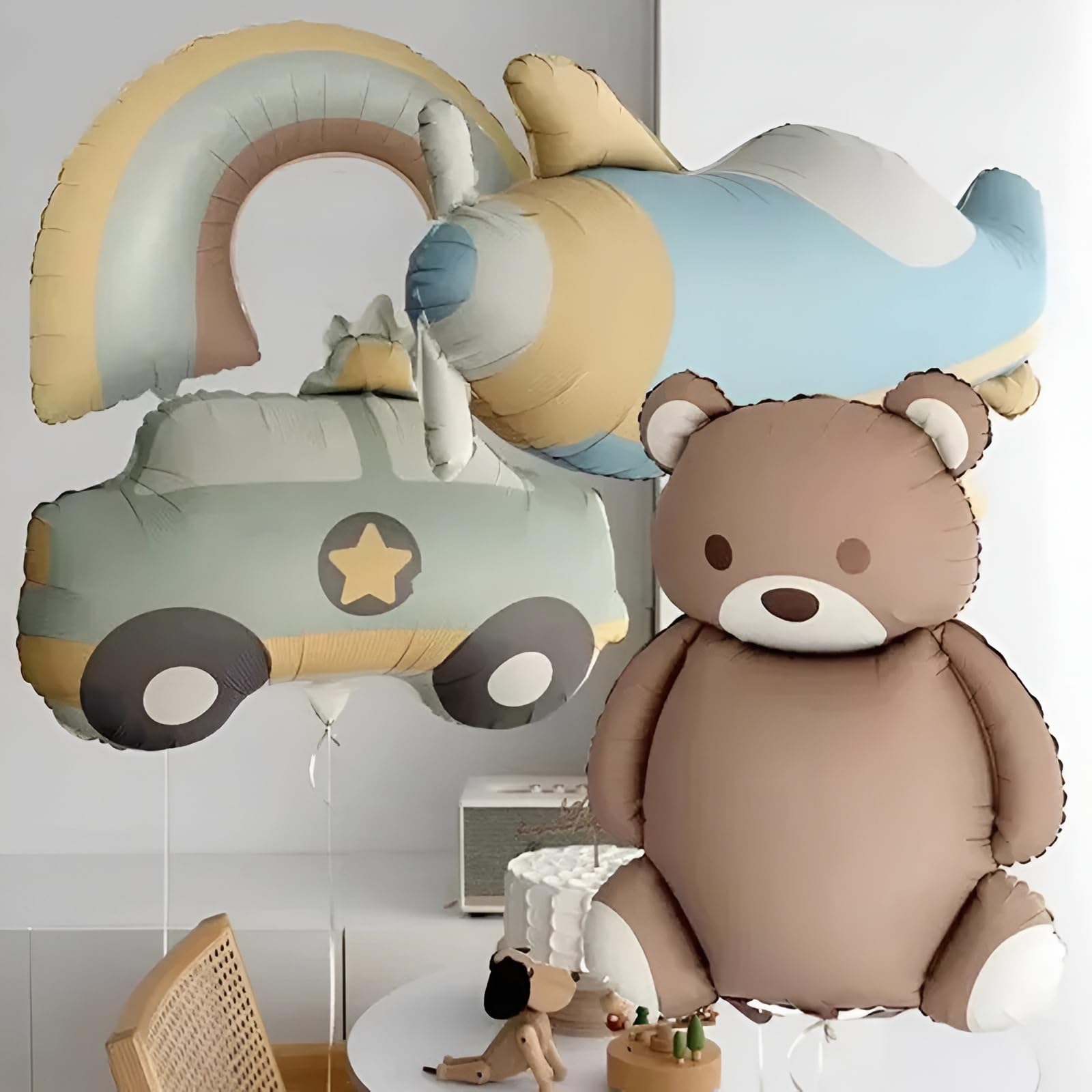 Atpata Funky Boho Pastel Matte Foil Balloon Set of 4 | Bear, Police Car, Rainbow & Airplane Shape Balloons for Baby Boy Arrival Welcome | Birthday Photoshoot & Minimal Party Decoration-image-15