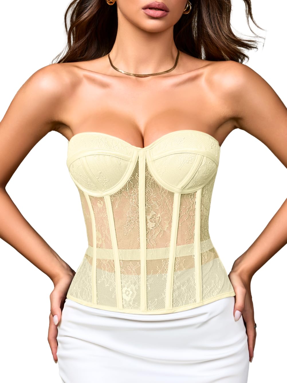 Photo 1 of ChiaoLezhee Women's Lace Overbust Corset Top Sheer Mesh Push Up Underwire Shapewear Sexy Club Outfits, Boned Bustier Tube Strapless Lace Up Floral Wedding Bride Bra Going Out,Pale Yellow Lace,XS