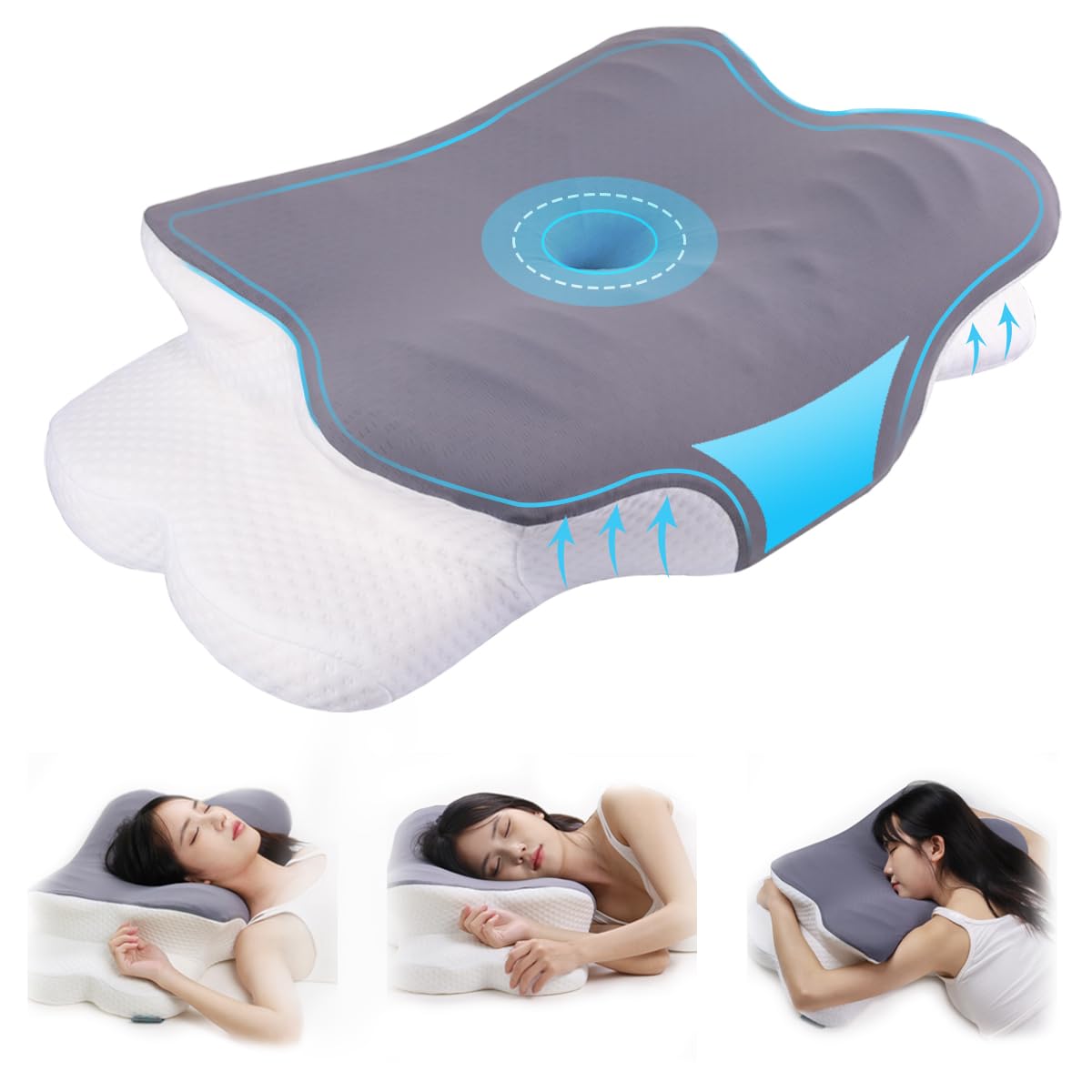 Topmener Cervical Memory Foam Pillow Orthopedic Sleeping Pillow Ergonomic Butterfly Shape with Wider Armrest