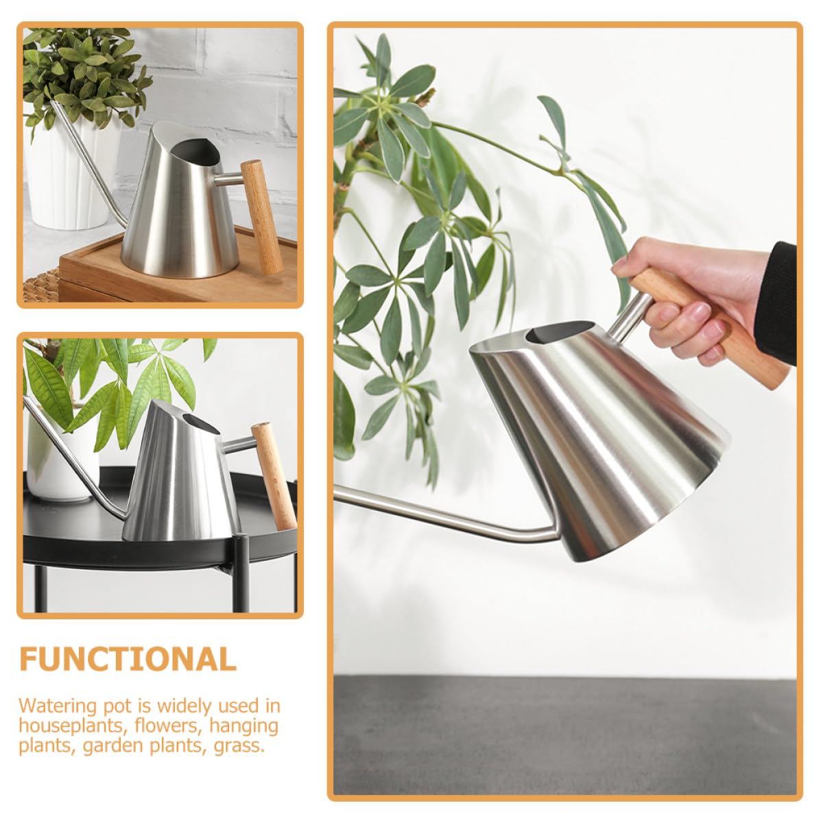 CALLARON Annaffiatoio per Piante da Interno in Acciaio Inox 900ml con Beccuccio e Manico in Legno Ergonomico, Annaffiatore Compatto per Giardino e Balcone, Vaso D'acqua Resistente