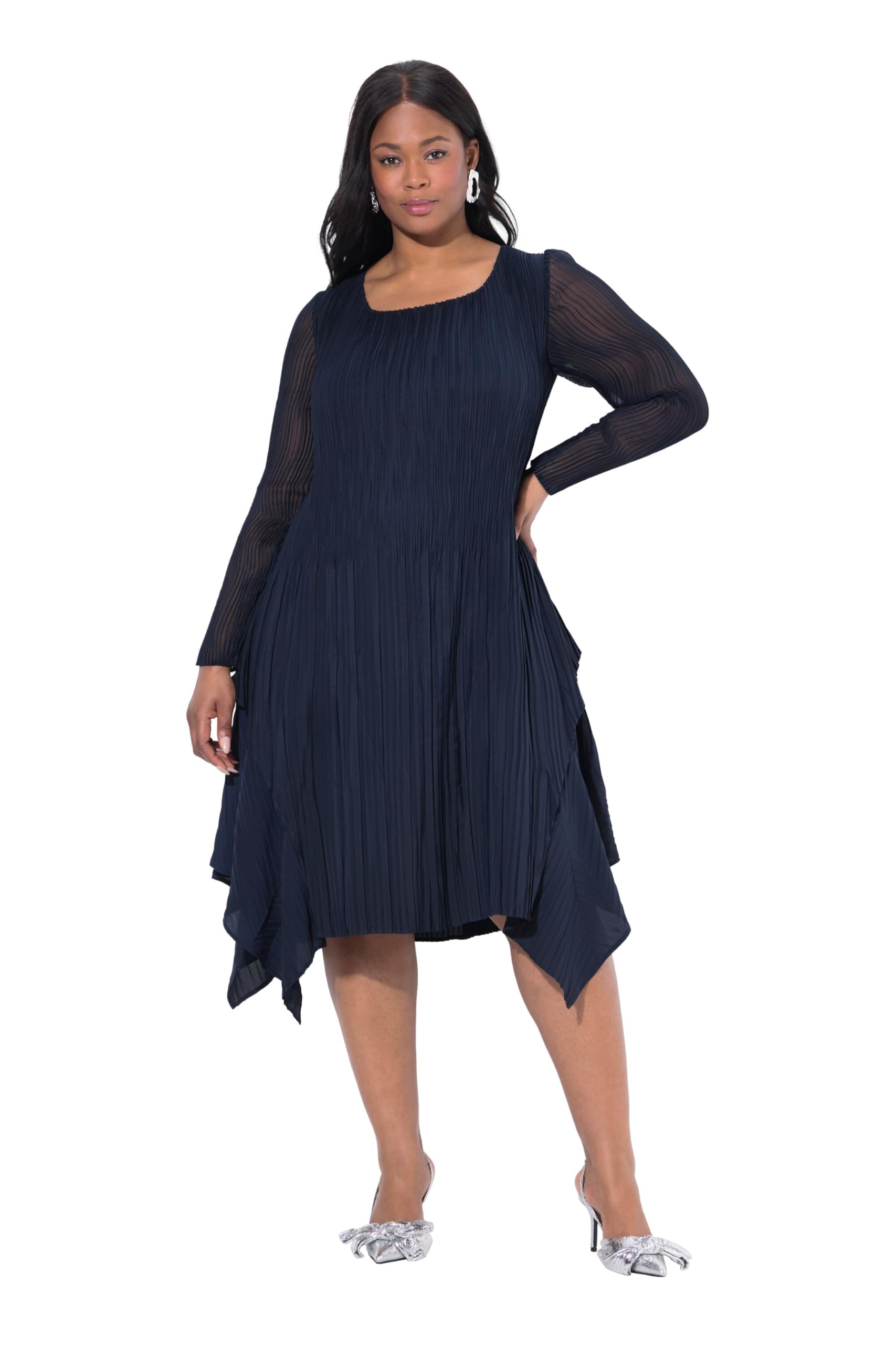 Ulla Popken Damen große Größen Übergrößen Plus Size Plissee-Kleid, Lagenoptik, A-Linie, V-Ausschnitt, Langarm 841120