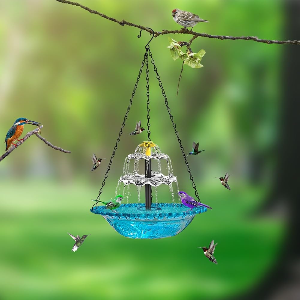EasyByMall Abbeveratoio solare per uccelli con fontana, mangiatoia per uccelli in metallo e plastica, per giardino, ad energia solare, per attirare la fauna selvatica, blu o rosa