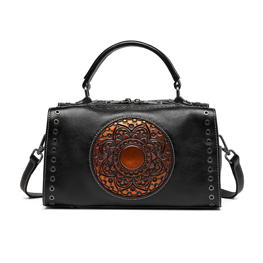 EBESAGenuine Leather Satchel Purses for Women,Handmade Vintage Handbag Top Handle Mandala Totem Crossbody