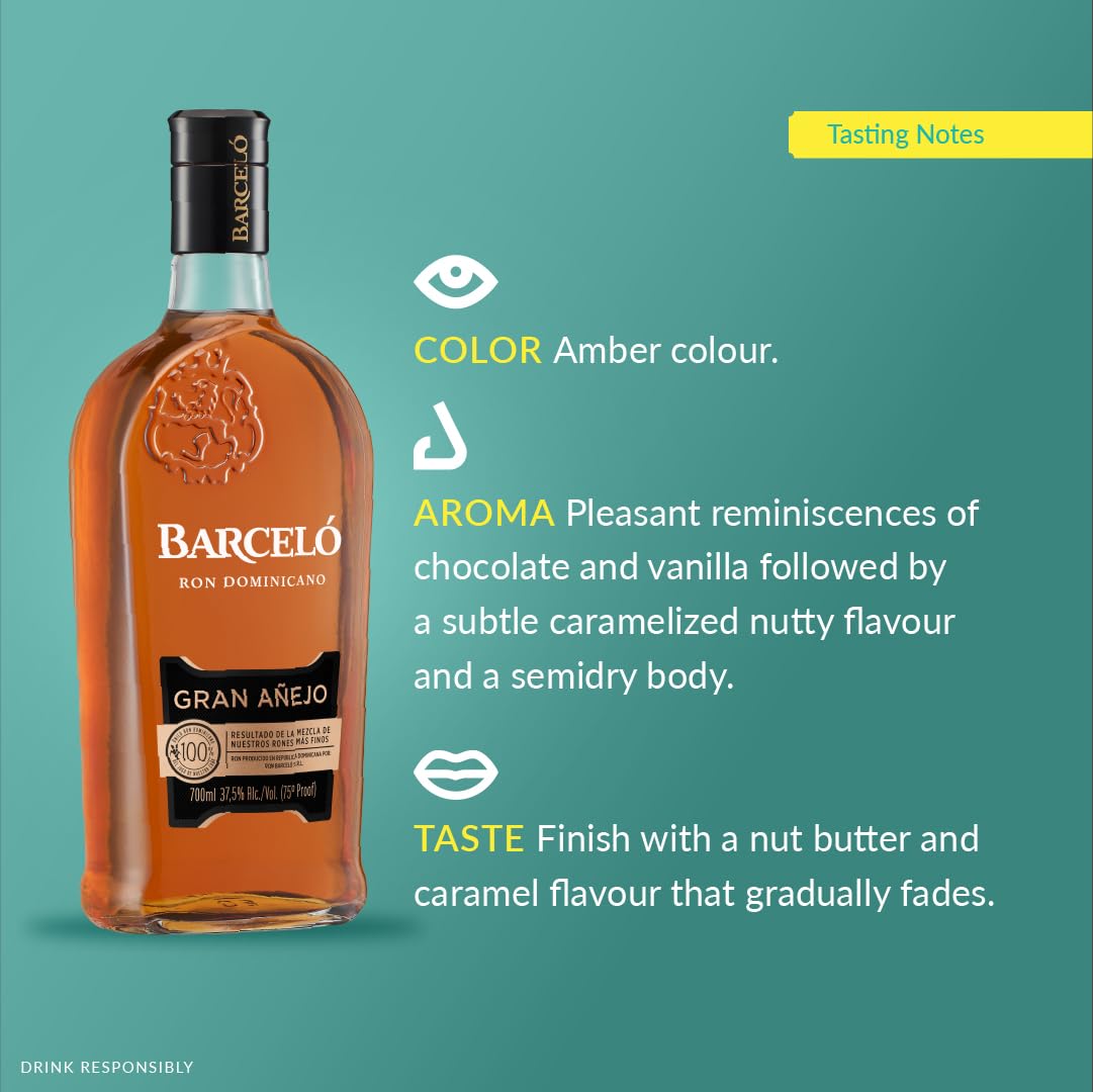 Ron Barceló Gran Añejo – Bottiglia da 700ml di Rum Ambrato, Invecchiato Fino a 6 Anni in Barrique di Rovere Ex Bourbon, Rum Dominicano da 100% Succo di Canna da Zucchero, Per Cocktail di Alto Livello